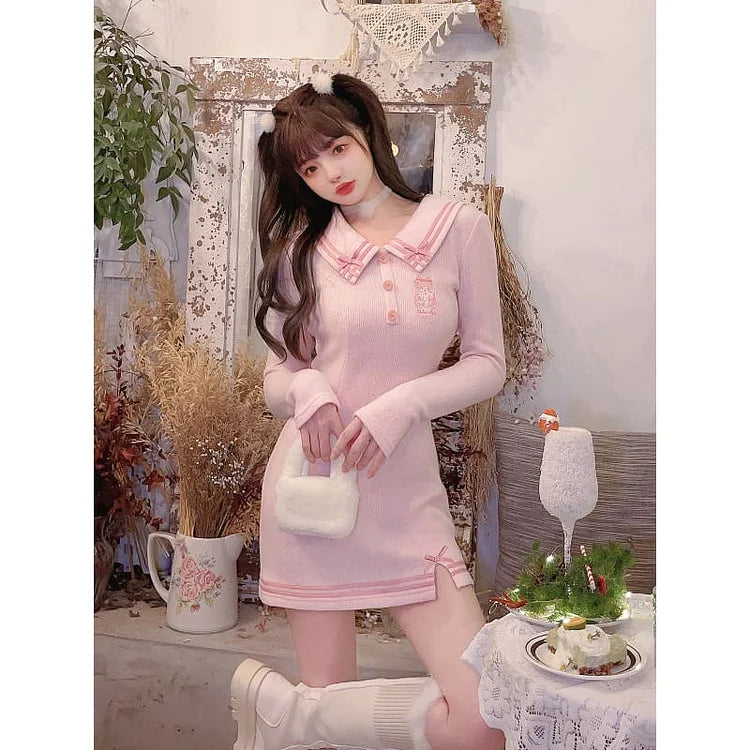 Kawaii Soft Girl Pink Warm Wool Knitted Dress