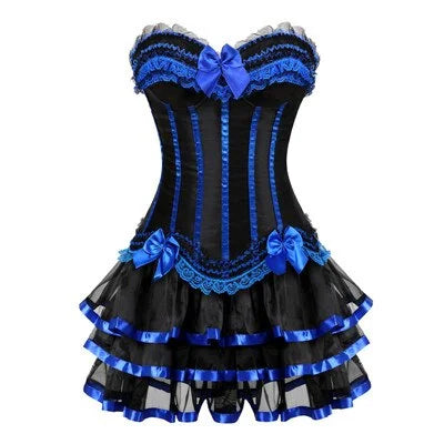 Burlesque Corsets with Skirt Striped Floral Lace Up Corset Bustier