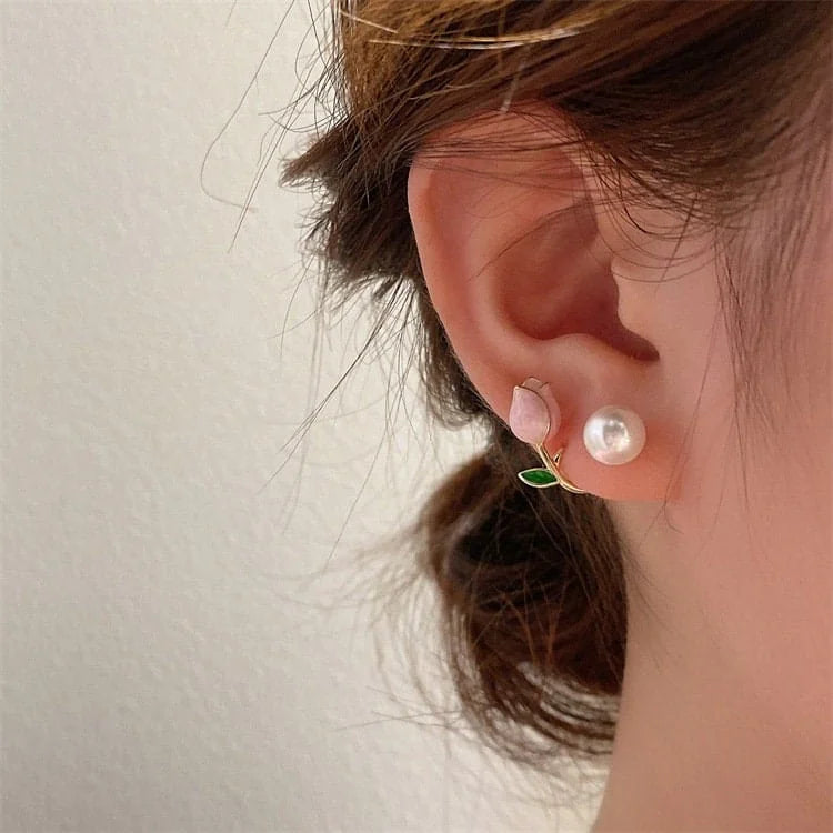 Chic Enamel Tulip Pearl Earrings