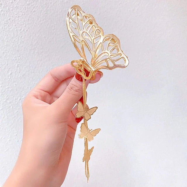 Hollow Out Butterfly Heart Tassel Metal Silver Hair Clip