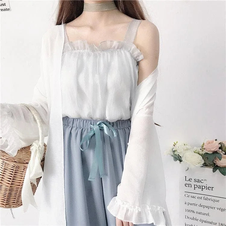 Spring/Summer Comfy Casual Fashion White Top and Blue Pants Set