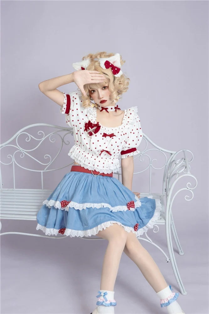 Bowl Cake Short Puff Sleeves Polka Dot Top / Tiered Flounce Mini Skirt Set