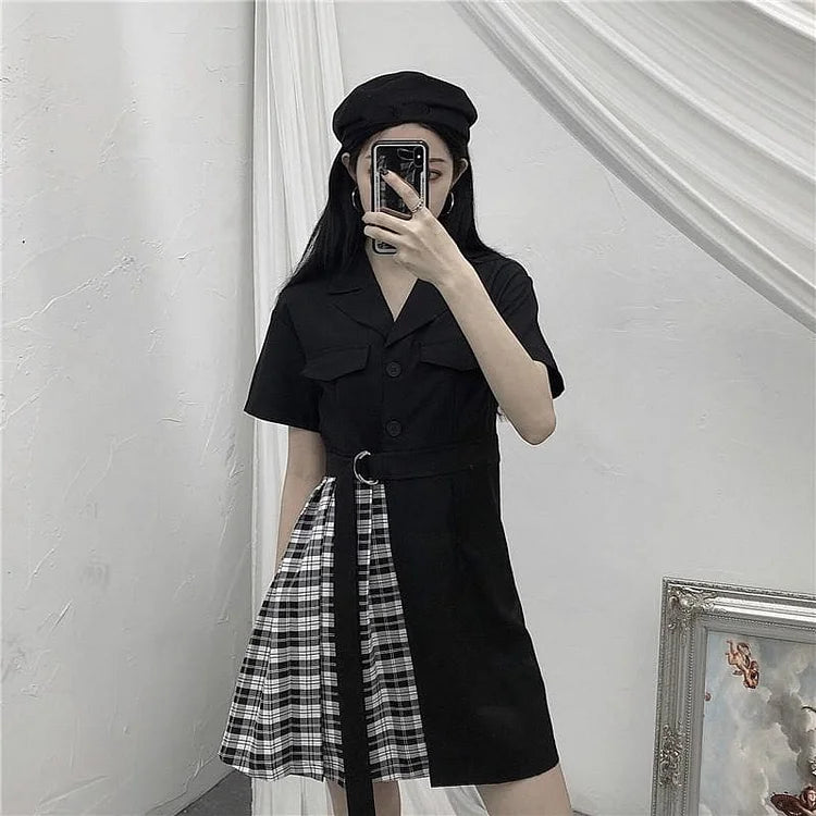 Gothic Black Patchwork Plaid Dress