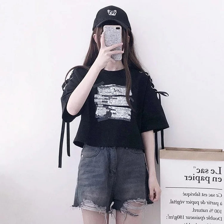 Black Off-the-shoulder Alphabet Print Short Sleeve T-shirt