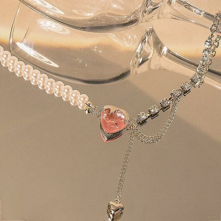 Pink Heart Pearl Chain Necklace