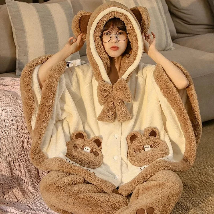 Bear Ears Pocket Bow Hooded Pajama Set