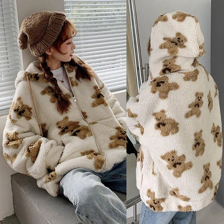 Cartoon Cute Khaki/Black/Beige Bear Hoodie Coat