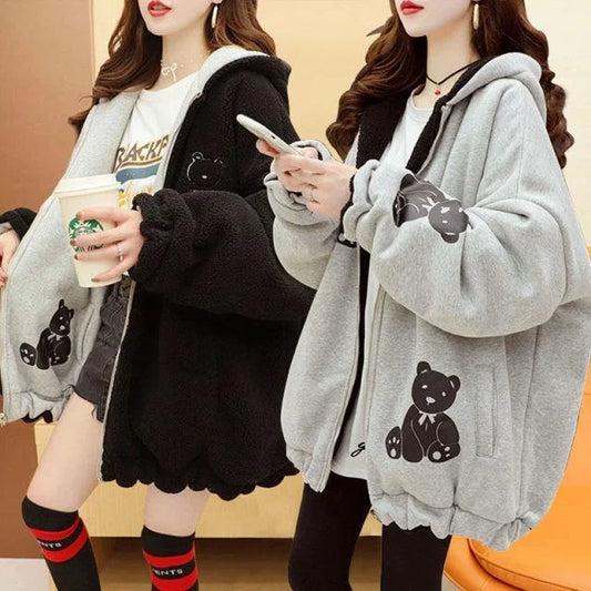 RedBeige BlackGray Kawaii Winter Reversible Fleece Teddy Bear Hoodie