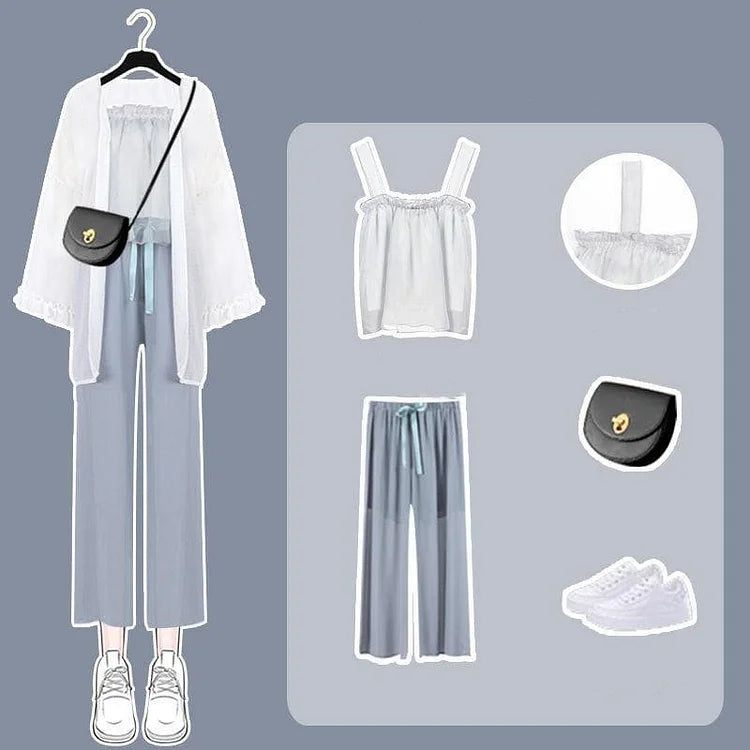 Spring/Summer Comfy Casual Fashion White Top and Blue Pants Set