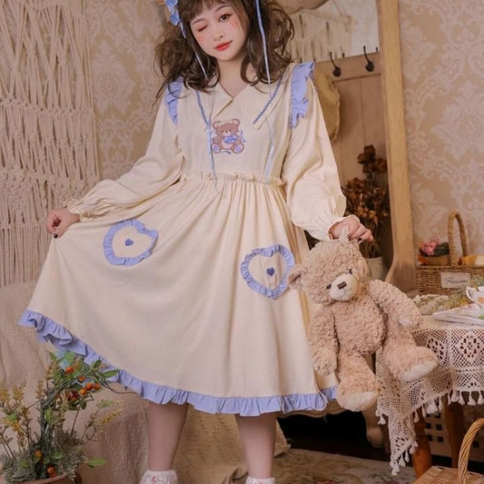 Apricot Plus Size Retro Teddy Pointed Collar Long Sleeves One Piece