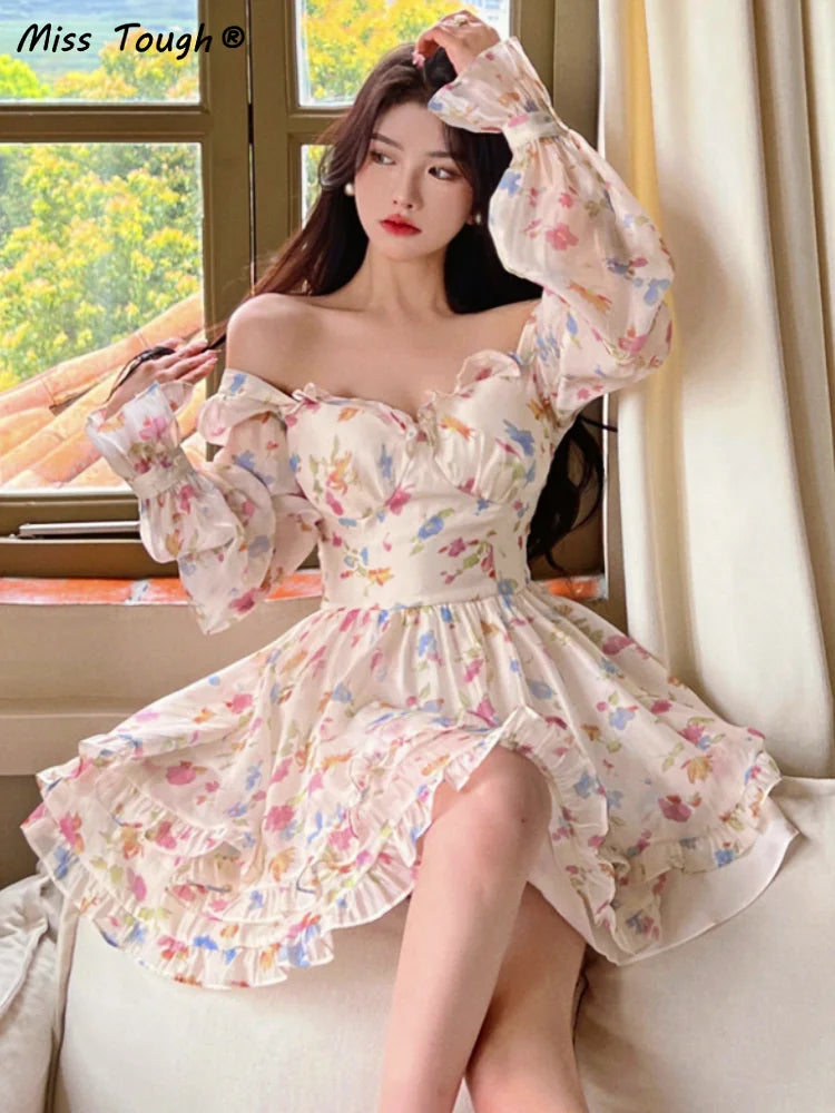 Chiffon Lace Floral Fairy Sweet Ruffle Flounce Elegant Dress