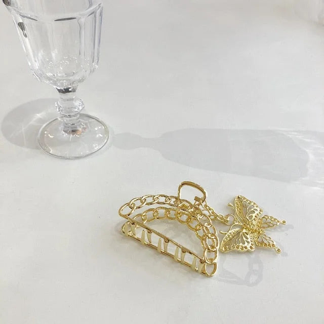 Hollow Out Butterfly Heart Tassel Metal Silver Hair Clip