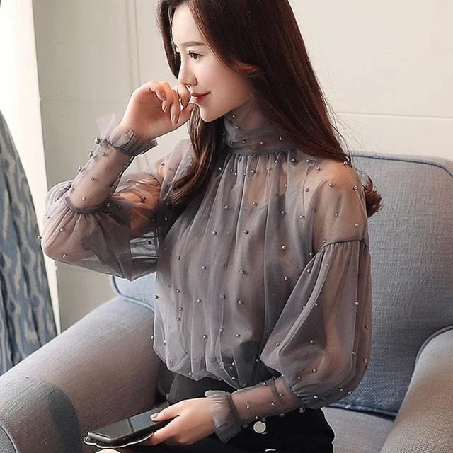 S-2XL Sweet Beading Lantern Sleeve Pearls White Chiffon Blouse