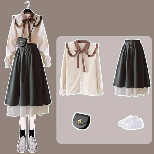 Cottage Dark Academia Beige Blouse Double Skirt Sete