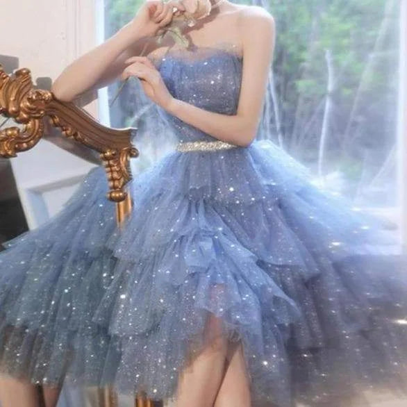 Dreamy Kawaii Blue Ruffle Sparkles Strapples Puffy Tulle Dress