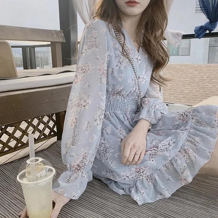 Date Wear Sweet Girls Long Sleeve Ruffled Floral Chiffon Dress