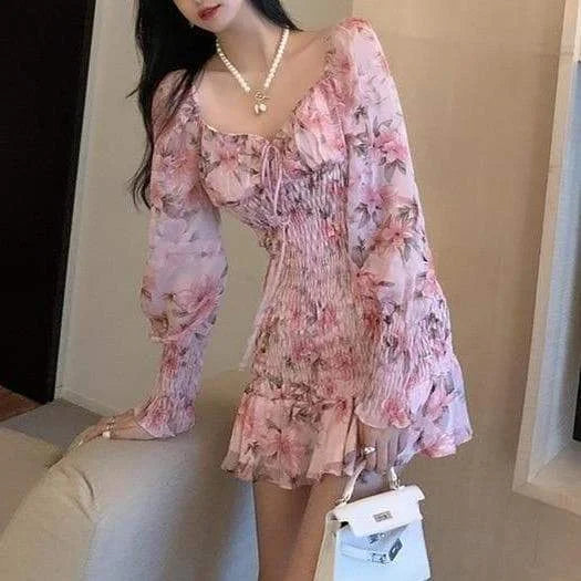 Pink Fashion Chiffon Ruffles Print Trumpet Dress