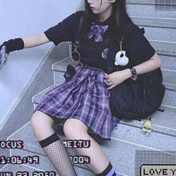 Black Blouse Purple Bow Plaid Skirt JK School Uniforms Three Piece Set