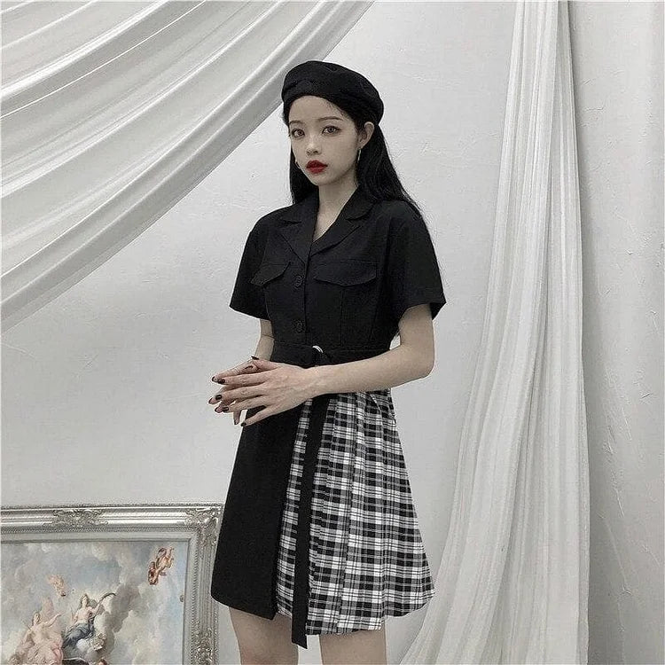 Gothic Black Patchwork Plaid Dress