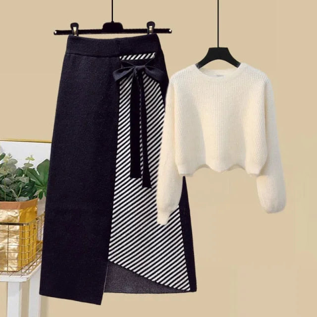 S-4XL Plus Size Warm Long Sleeve Knitted Sweater and High Waist Skirt Set