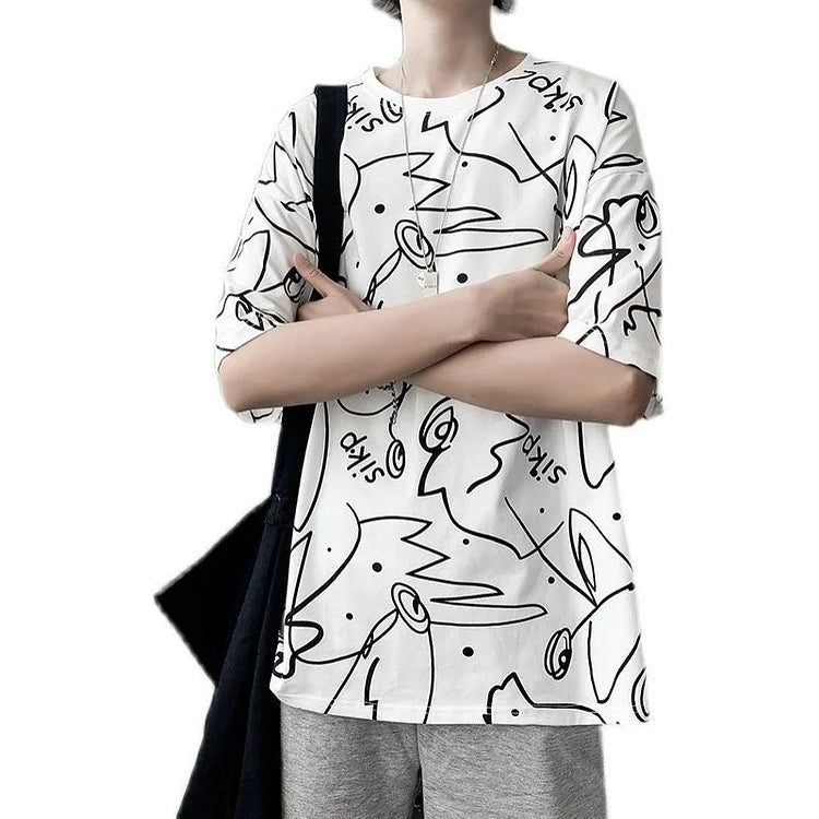 Korean Fashion Elbow-Sleeve Graphic Print T-Shirt