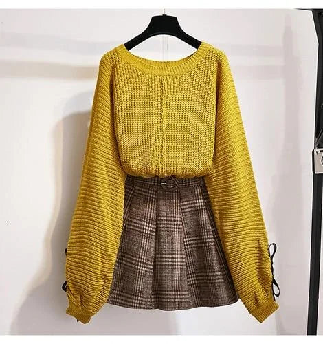 Dark Academia Autumn Knitted Sweater and Skirt 2 Piece set