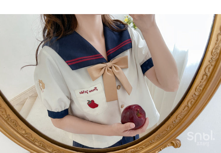 Clearance-Snow White Navy Collar White Top Size M for Bust 102CM