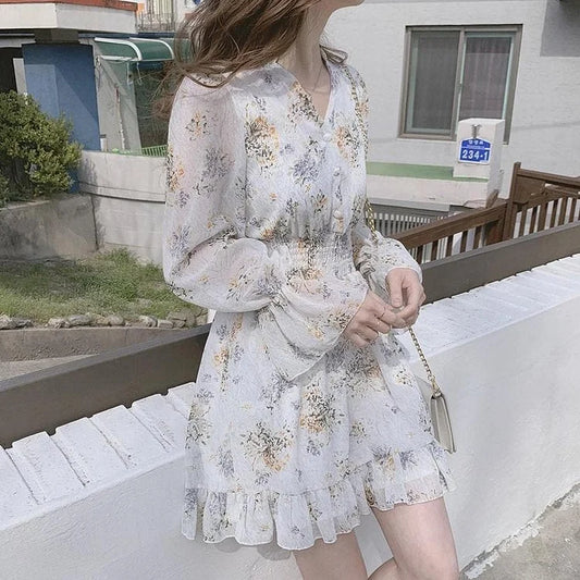 Date Wear Sweet Girls Long Sleeve Ruffled Floral Chiffon Dress