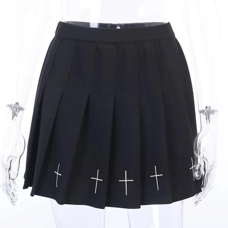 Gothic Cross Print Black Pleated Skirts