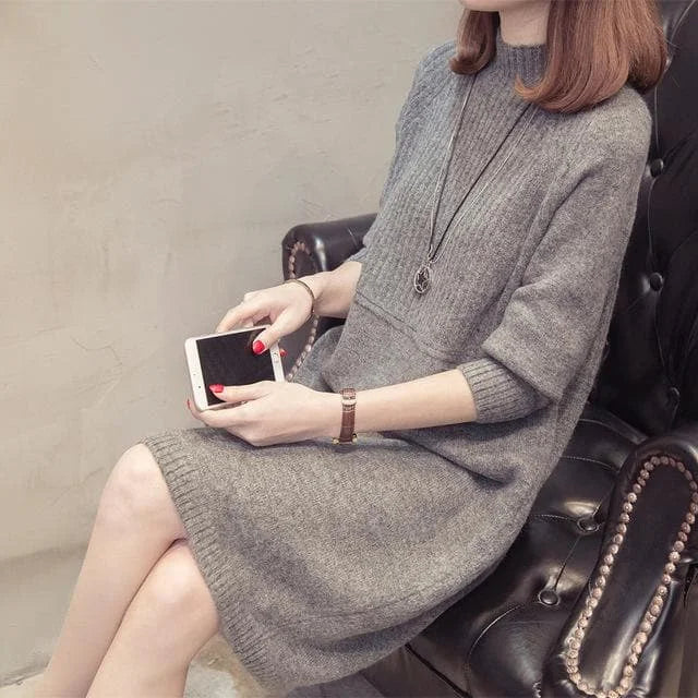 Knitted Long Sleeve Pullover Sweater Dress