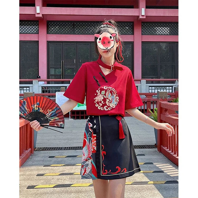 Sweet Embroidery Black Red T-shirt Skirt Set