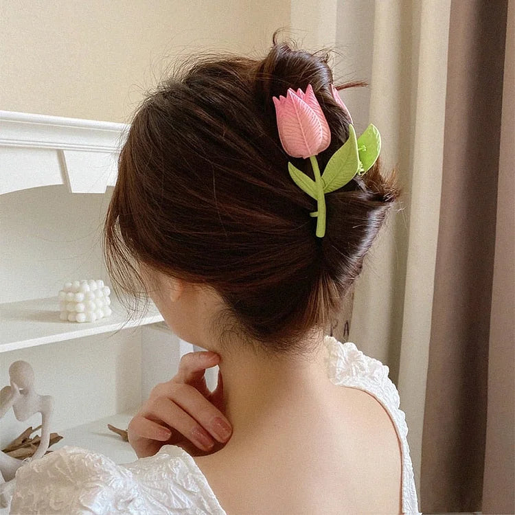 Korean Fashion Pink 3D Tulip Hair Claws Shark Clip Floral Hair Accessories