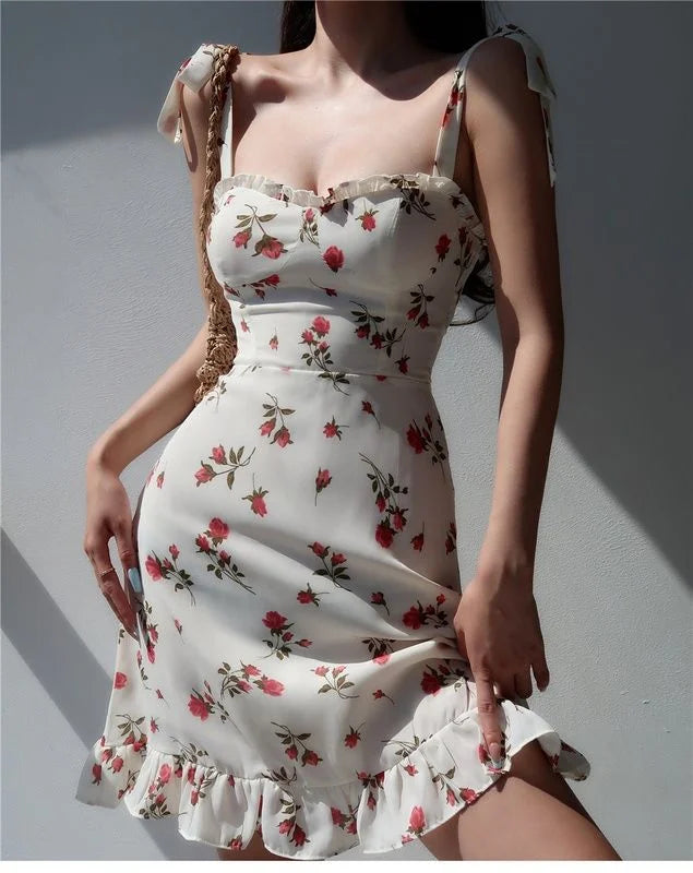 Sweet White Floral Ruffle Dress - Pink