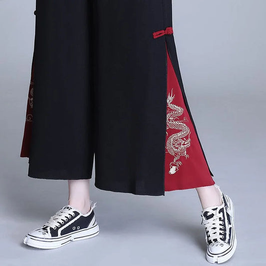 Embroidery Golden Dragon Casual Black Red Pants