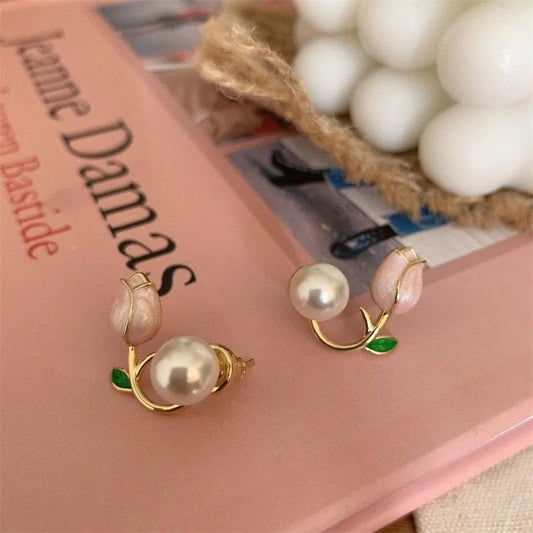 Chic Enamel Tulip Pearl Earrings