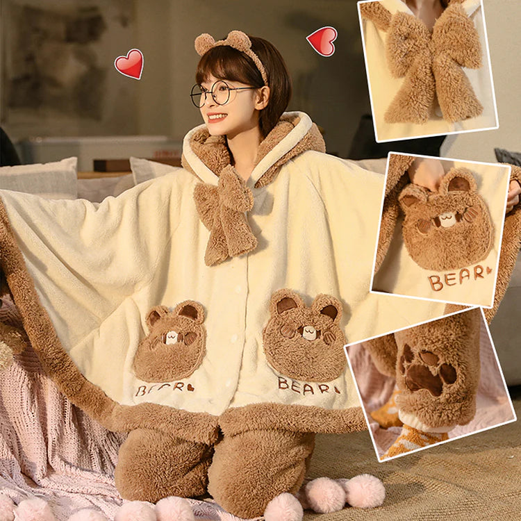 Bear Ears Pocket Bow Hooded Pajama Set