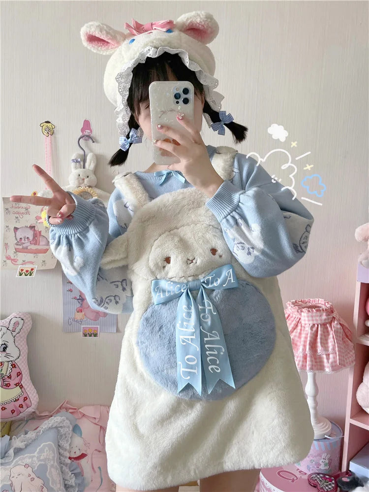 Customized Cute Cat Sheep Bear Winter Warm Furry Suspender Dress