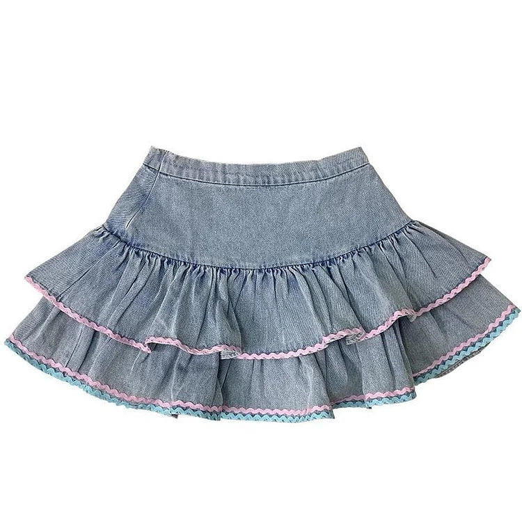 Cute Sweet Hot Girl Light Blue Mini High Waist Denim Puff Skirt