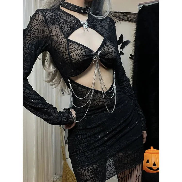 Cool Witch Spiderweb Cutout Bodycon Black Dress