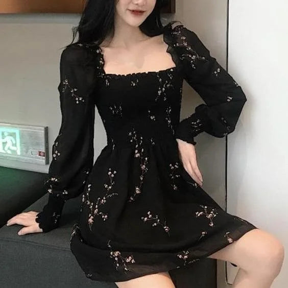 Black Flower Long Puff Sleeve Chiffon Dress