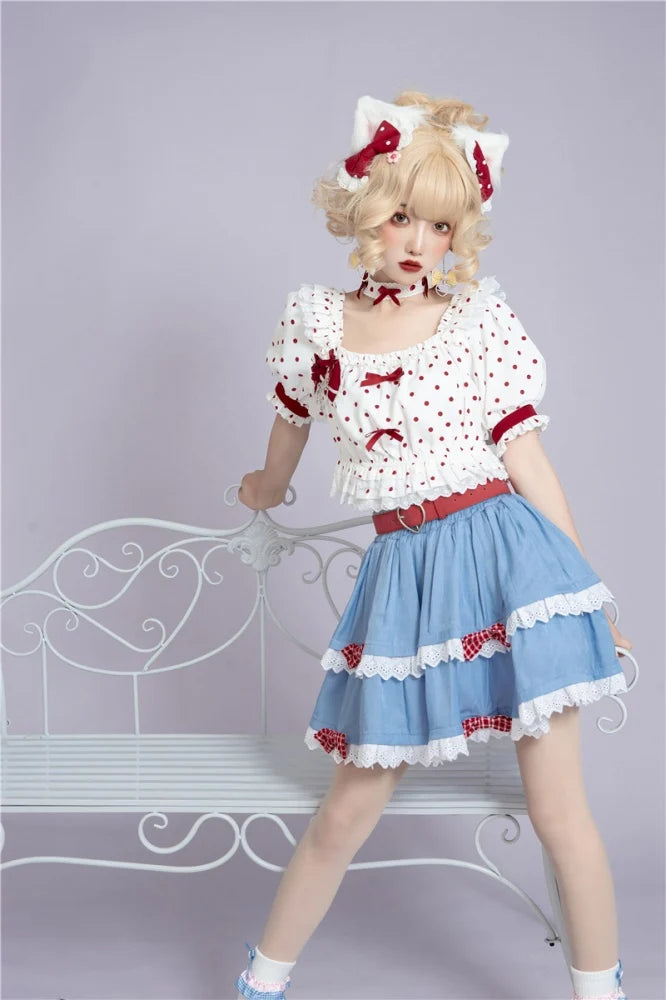 Bowl Cake Short Puff Sleeves Polka Dot Top / Tiered Flounce Mini Skirt Set