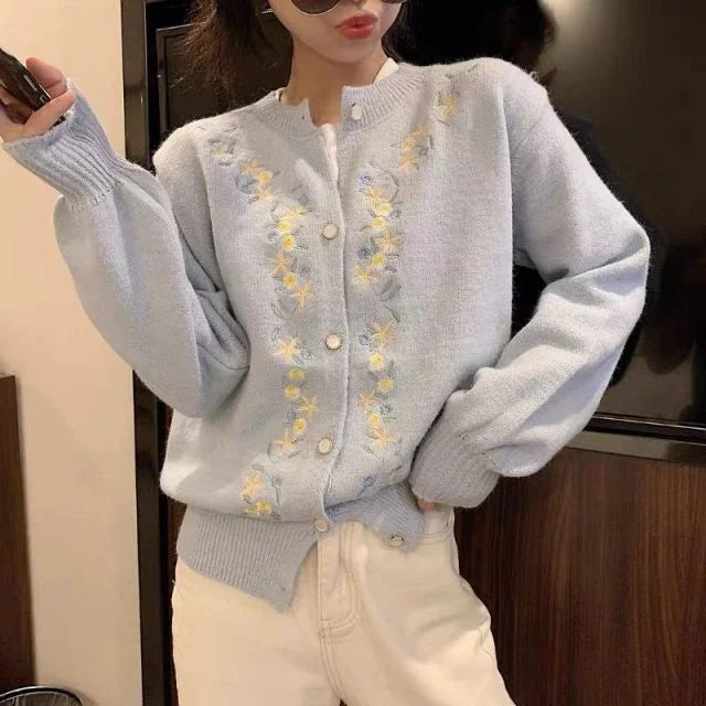 Korean Style Embroidery Floral Lantern Sleeve Knitted Sweater Cardigan