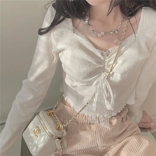 Kawaii White Lace Long Slevee Top Sweet Pants Skirt