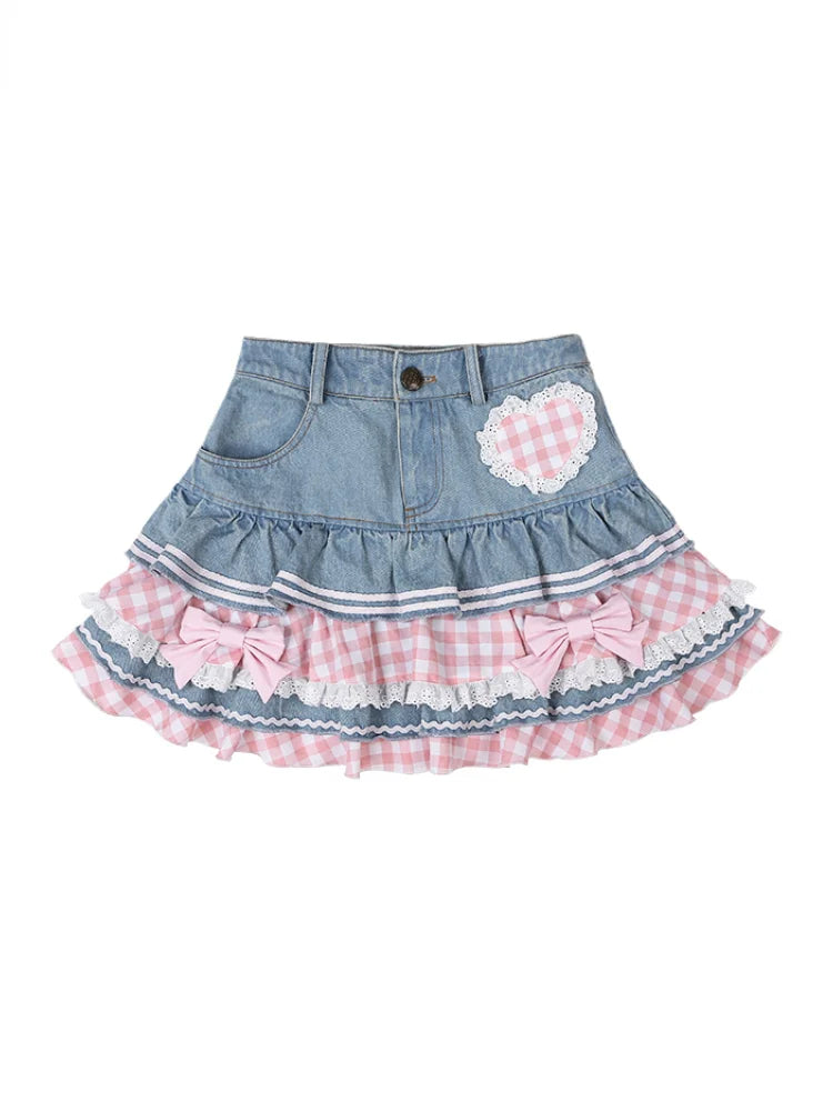 Lolita Gothic Lace Plaid Hearts Ruffles Jk Denim Skirt