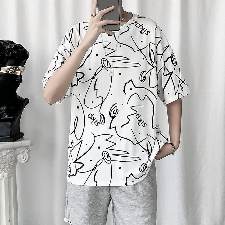 Korean Fashion Elbow-Sleeve Graphic Print T-Shirt