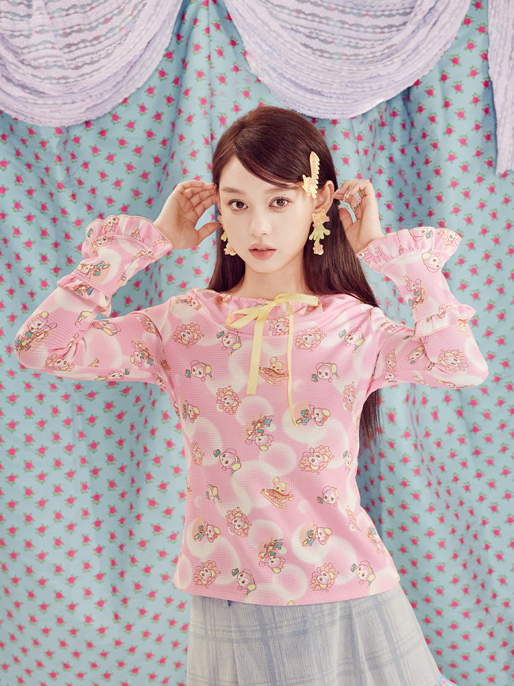 Original design -Kawaii Pink green cute little bear geometric print bell sleeve knit bottoming long sleeve