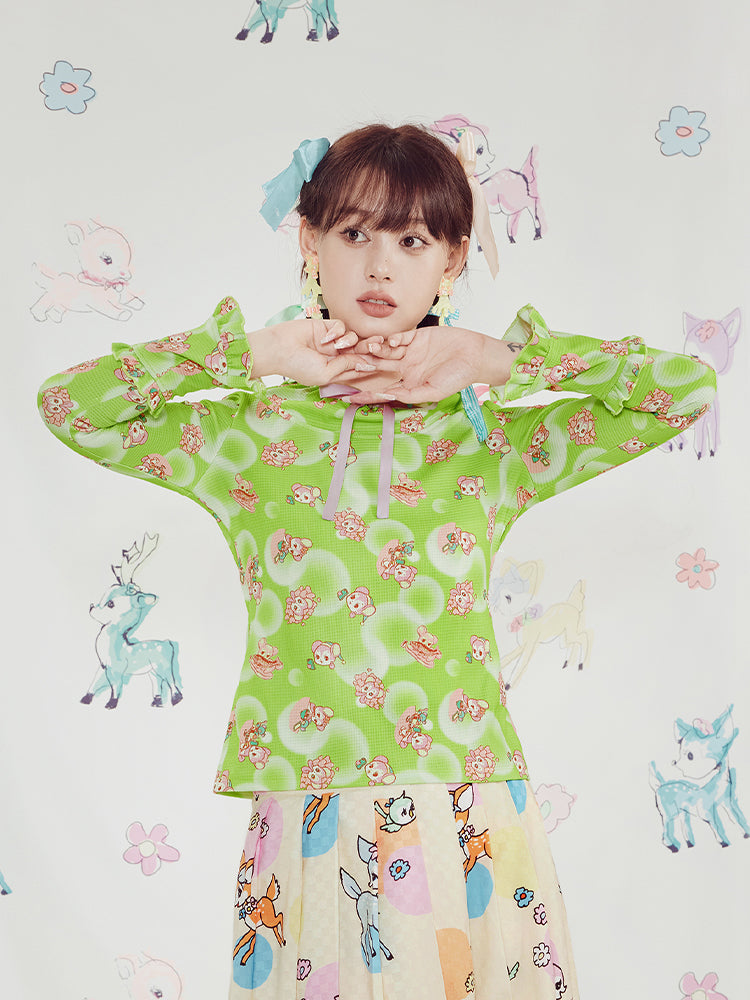 Original design -Kawaii Pink green cute little bear geometric print bell sleeve knit bottoming long sleeve