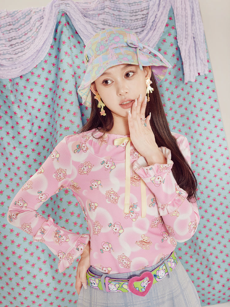 Original design -Kawaii Pink green cute little bear geometric print bell sleeve knit bottoming long sleeve