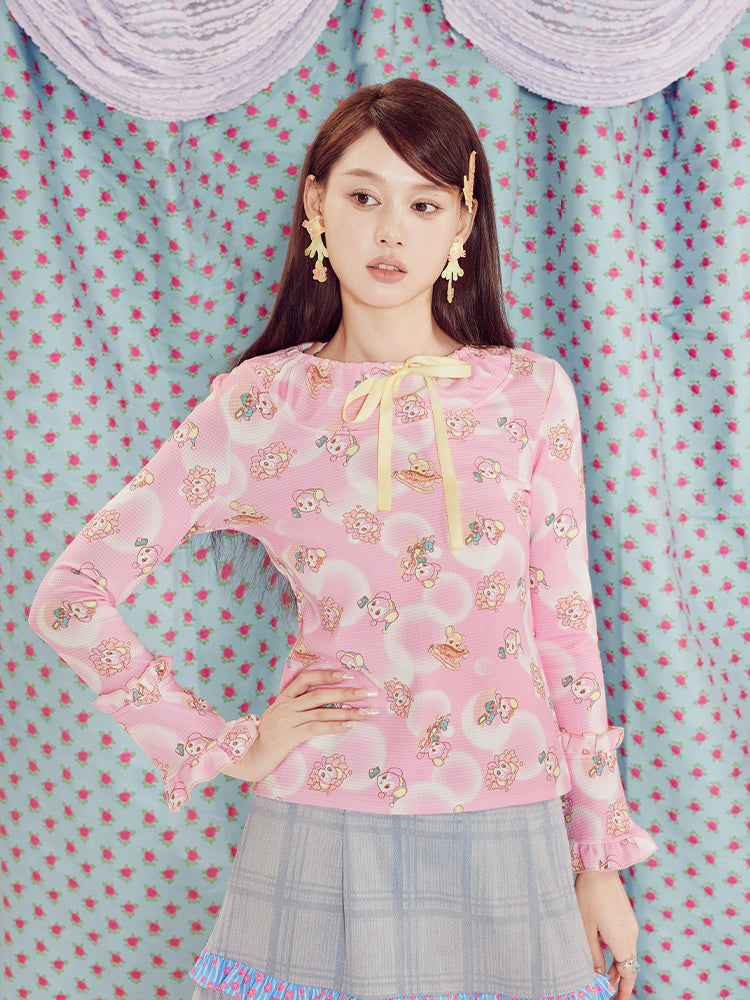 Original design -Kawaii Pink green cute little bear geometric print bell sleeve knit bottoming long sleeve