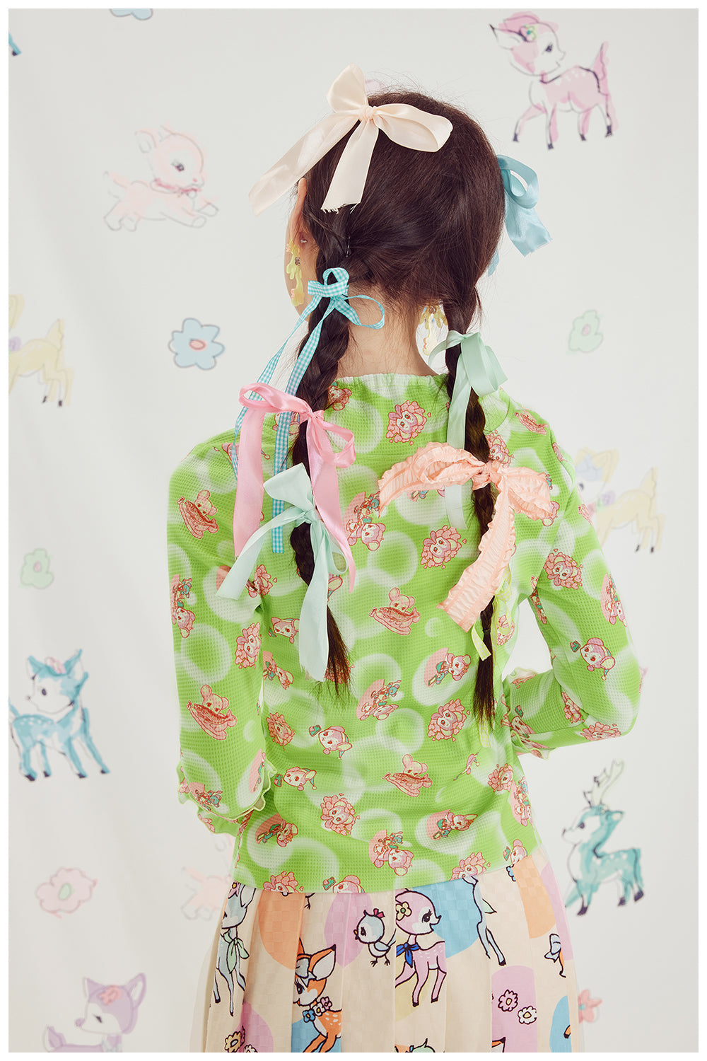 Original design -Kawaii Pink green cute little bear geometric print bell sleeve knit bottoming long sleeve